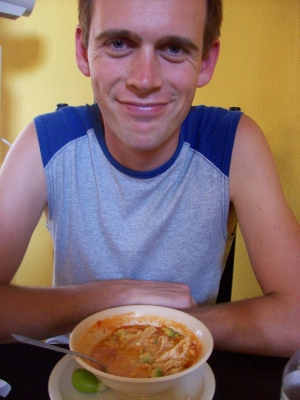 Andrew Wharton eats his Sopa Azteca in Tequila, Mexico