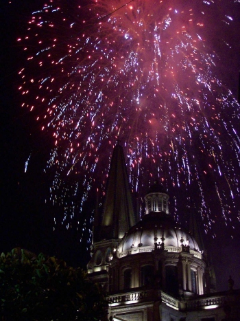 fireworks celebrate 16 de Septiembre over the Catedral in downtown Guadalajara, Jalisco, Mexico