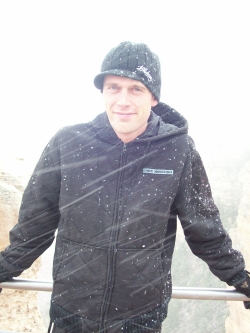 Andrew Wharton in snow storm at Grand Canyon